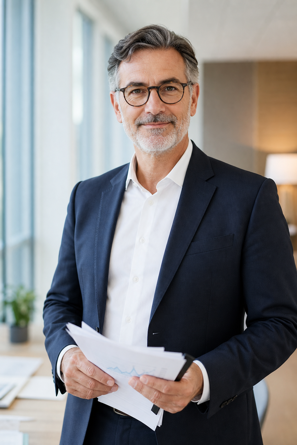 Experienced professional advisor holding financial documents