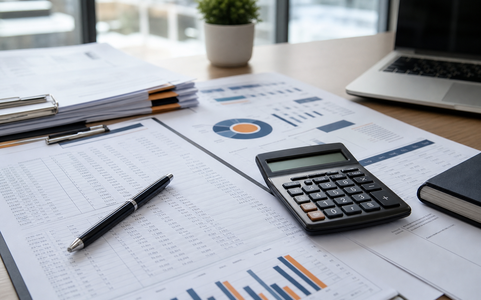 Accounting documents, financial reports, calculator, and pen on a desk